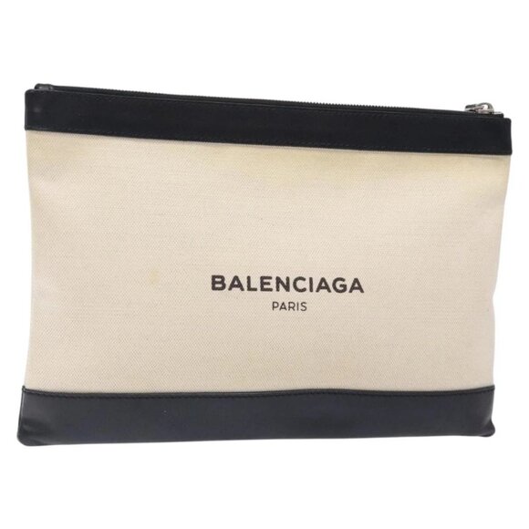 BALENCIAGA Clutch Bag Canvas Leather White black 373834 Auth gh296 - Picture 1 of 15